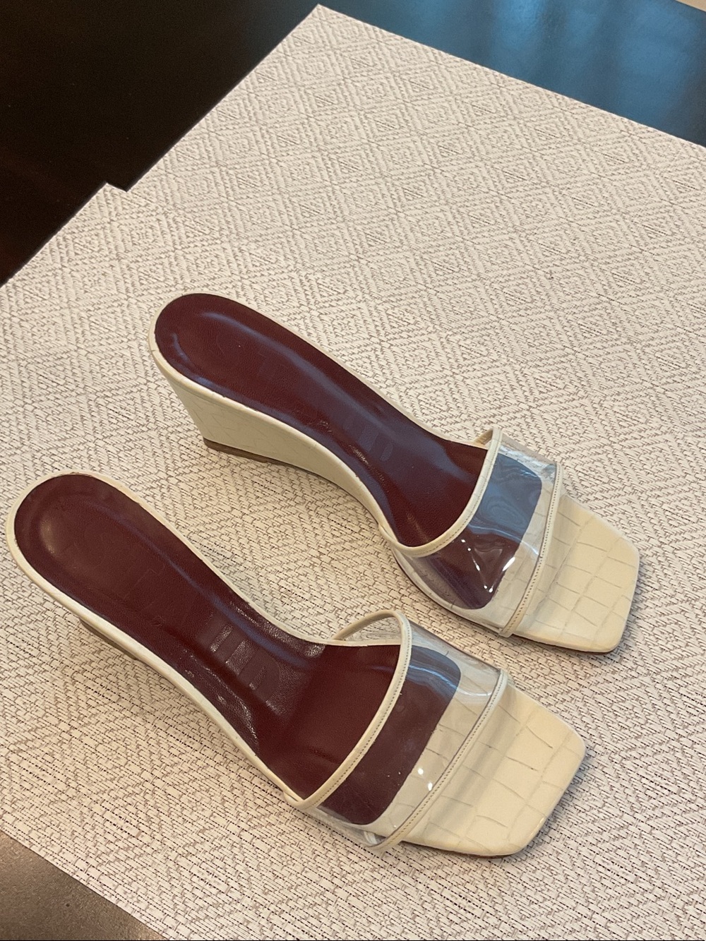 STAUD Cream Croc-Embossed Wedge Mules with Clear Strap and Burgundy Footbed